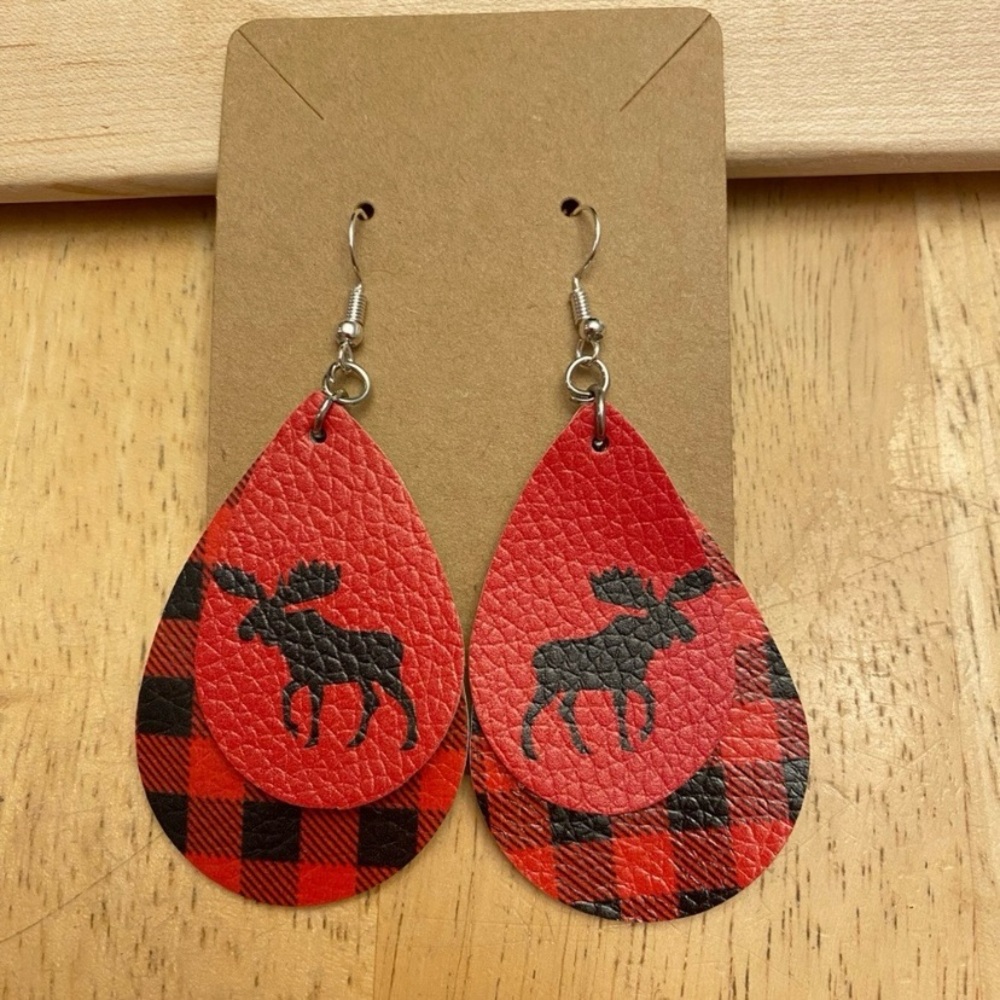 Hand Crafted Faux Leather Red Black Buffalo Check Plaid Moose Dangle Ear… - Picture 3 of 5